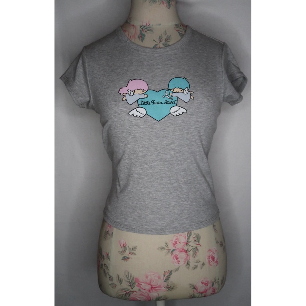 Forever 21 x Hello Kitty Little Twin Stars Cropped Tee Gray Women's Medium EUC